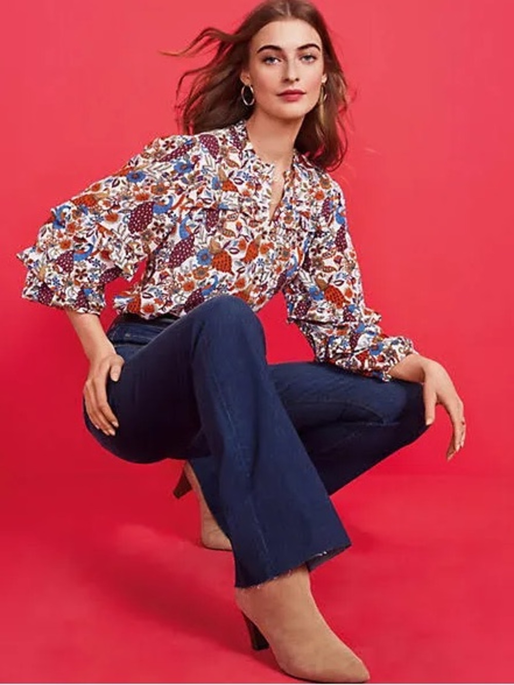 Loft Peacock Print Ruffle Button Blouse - Picture 3 of 13